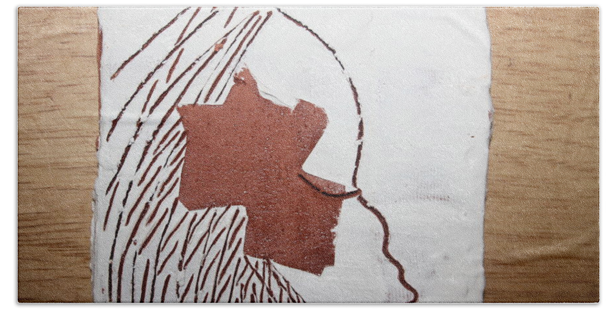 Jesus Hand Towel featuring the ceramic art Drowsy - Tile by Gloria Ssali