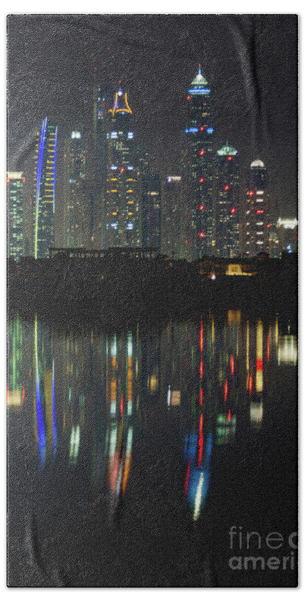 Dubai Bath Towel featuring the photograph Dubai city skyline nighttime by Andy Myatt