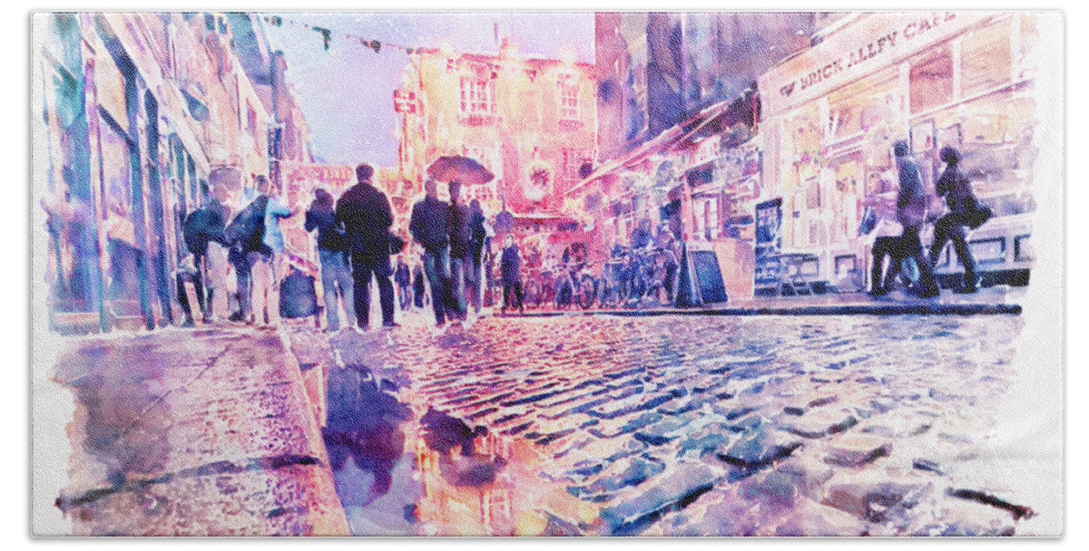 Marian Voicu Bath Towel featuring the painting Dublin Watercolor Streetscape by Marian Voicu