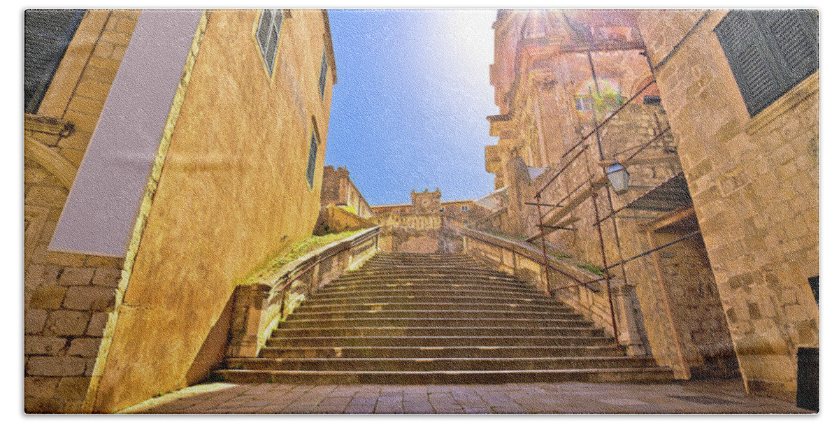 Dubrovnik Bath Towel featuring the photograph Dubrovnik historic steps street view by Brch Photography