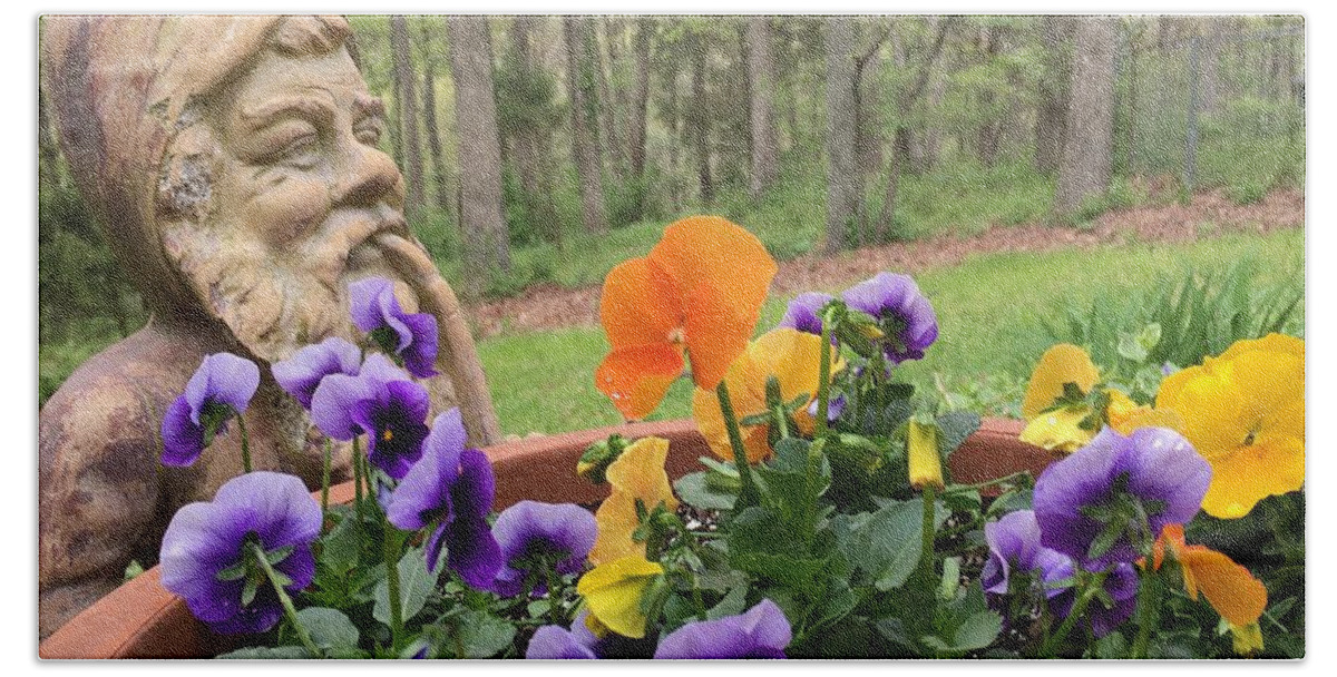 Garden Art And Pansy's Bath Towel featuring the photograph Dude by Nancy Koehler