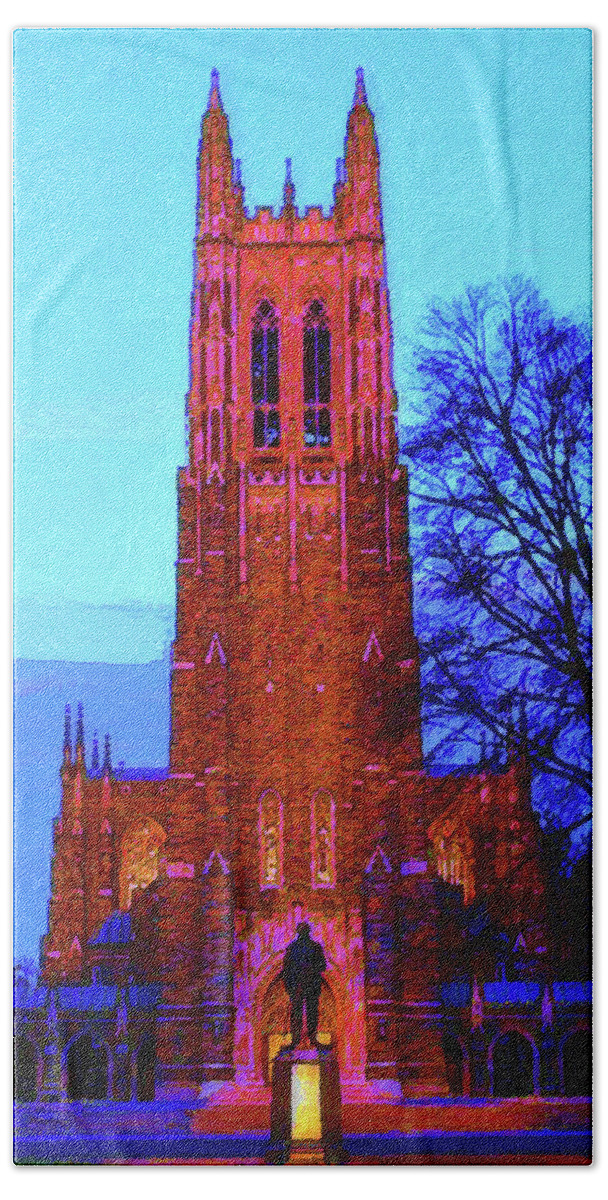 Duke University Hand Towel featuring the mixed media Duke University Chapel by DJ Fessenden