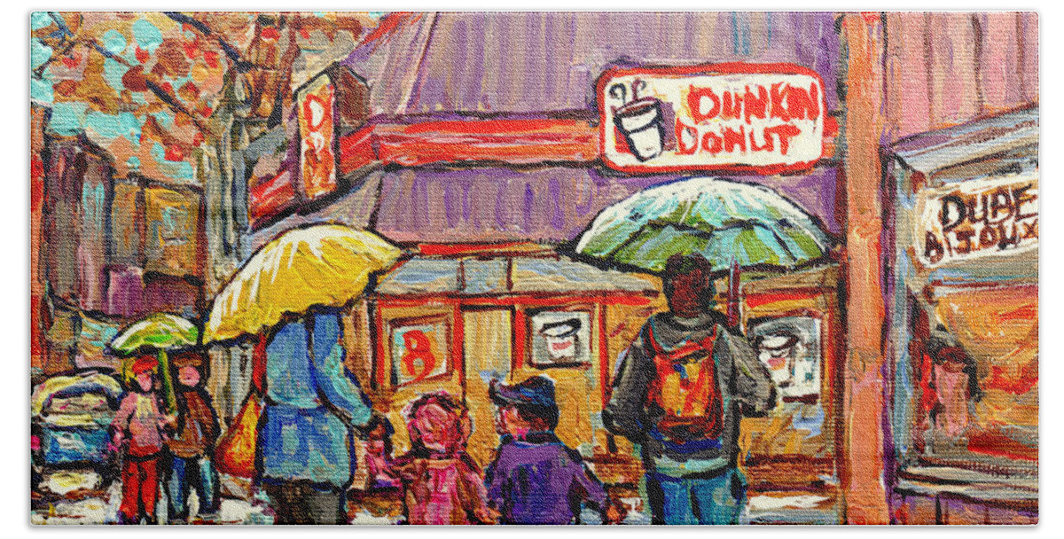 Dunkin Donuts Bath Towel featuring the painting Dunkin Donut Wellington Street Verdun Rainy Day Family Stroll Montreal Painting C Spandau City Scene by Carole Spandau