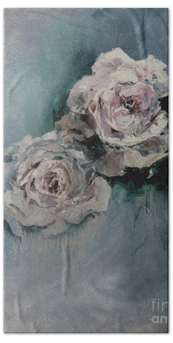 Pink Roses Painting Bath Towel featuring the painting Dusky Roses by Chris Hobel