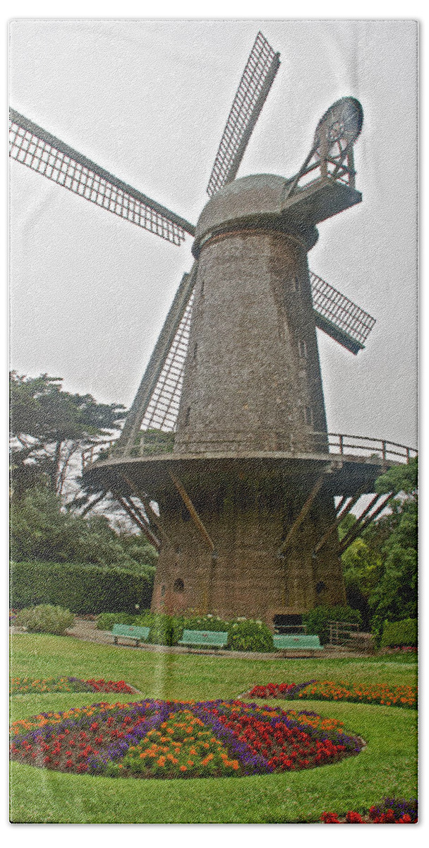Dutch Windmill In Golden Gate Park In San Francisco Bath Towel featuring the photograph Dutch Windmill in Golden Gate Park in San Francisco, California by Ruth Hager