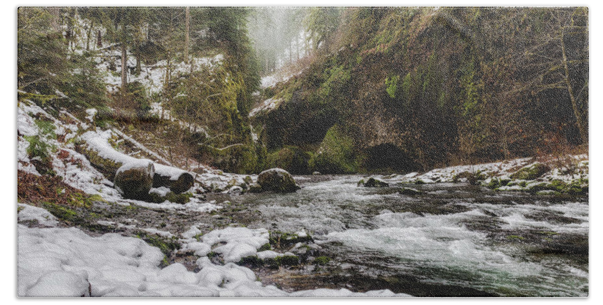 Eagle Creek Trail Bath Towel featuring the photograph Eagle Creek Trail in Winter by Belinda Greb