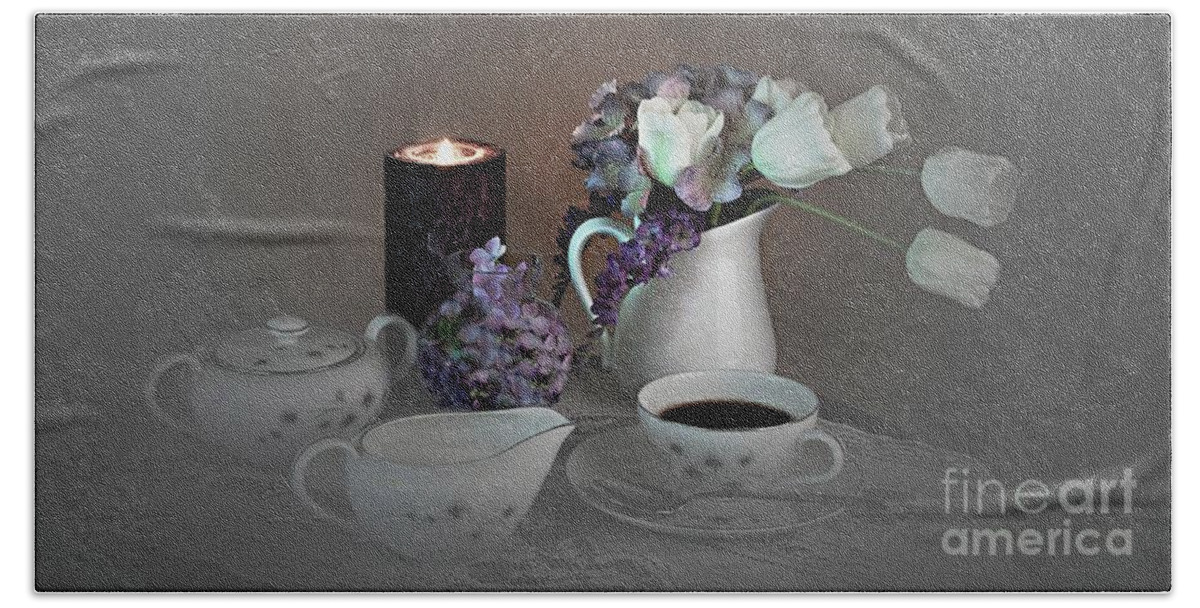 Still Life Hand Towel featuring the photograph Early Morning Coffee by Sherry Hallemeier