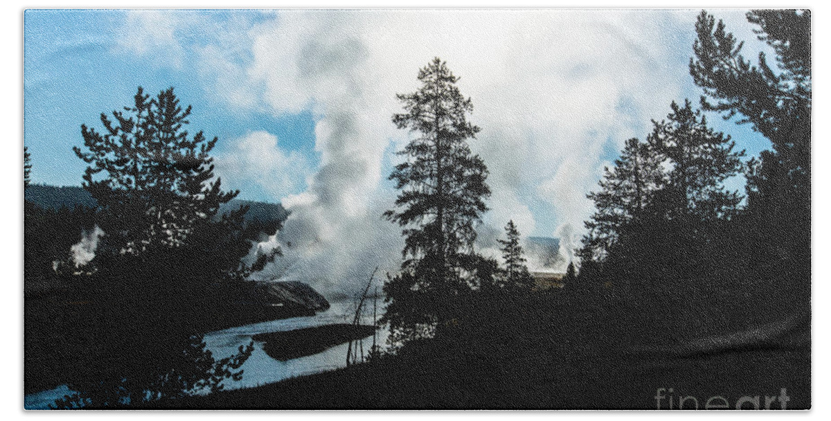 Yellowstone National Park Hand Towel featuring the photograph Early Morning Geysers at Yellowstone by Ben Graham
