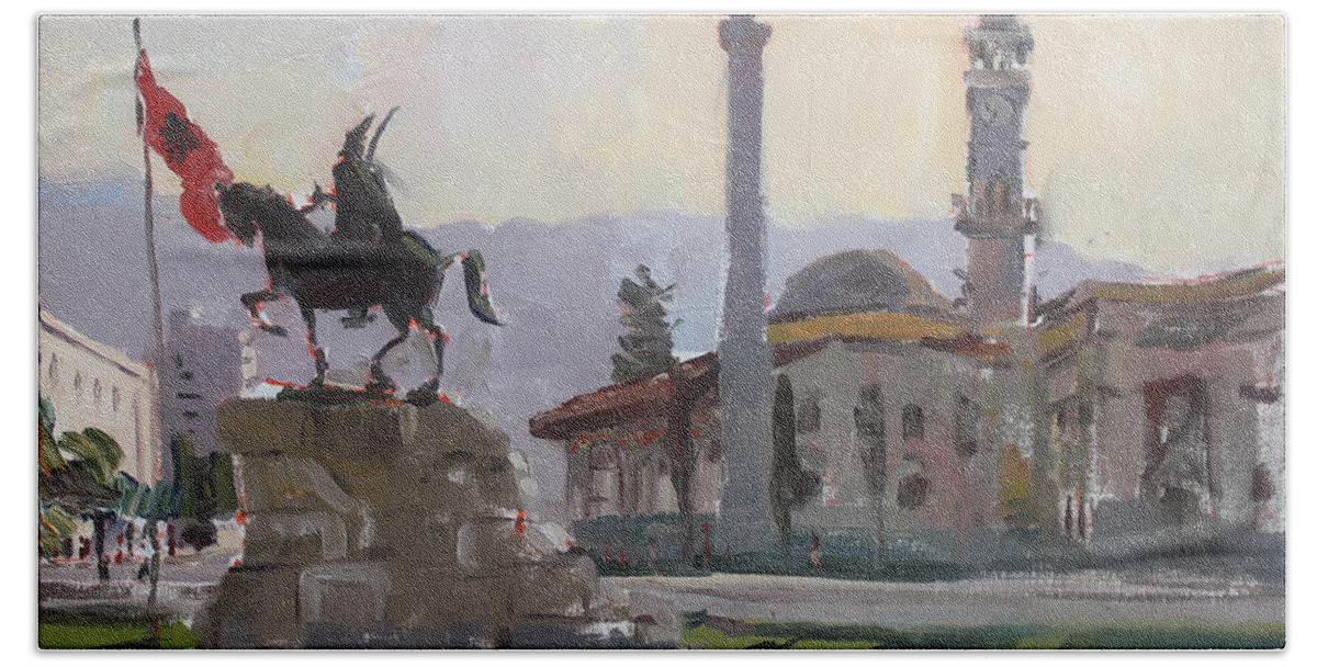 Tirana Hand Towel featuring the painting Early Morning In Tirana by Ylli Haruni