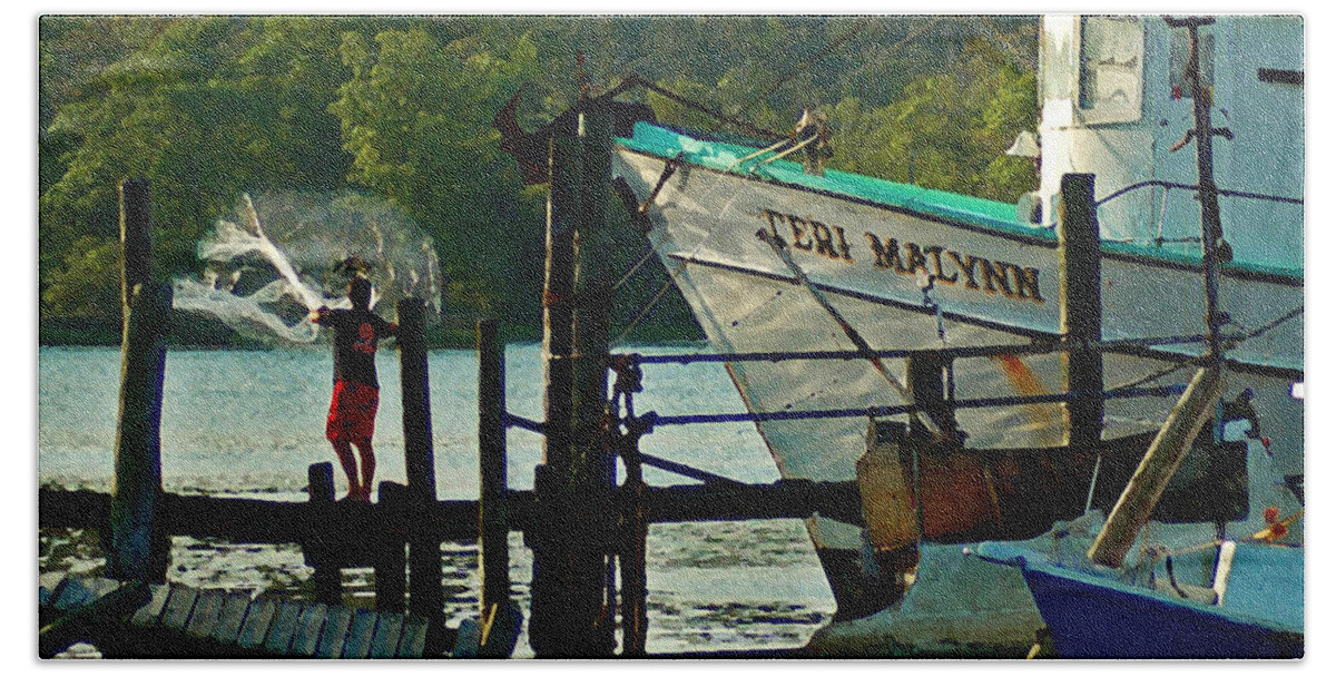 Shrimp Boat Bath Towel featuring the painting Early Morning Net Toss by Michael Thomas