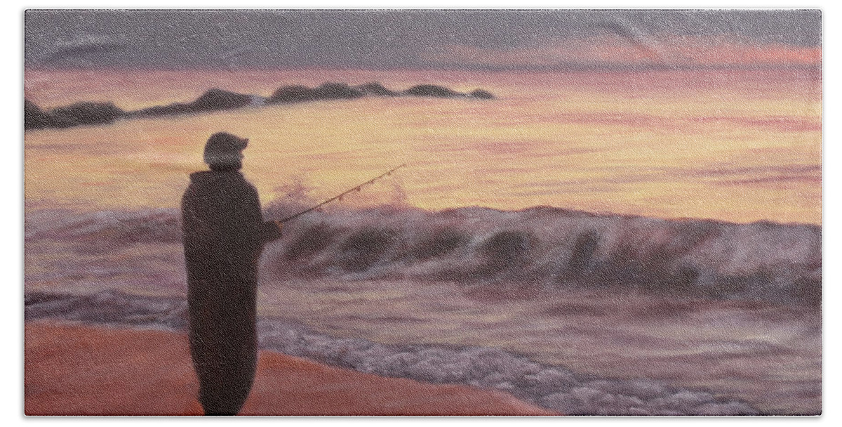 Fishing; Fisherman; Ocean; Sunrise; Sand; Serenity; Contemplation; Water Hand Towel featuring the painting Early Morning Solace by Marg Wolf