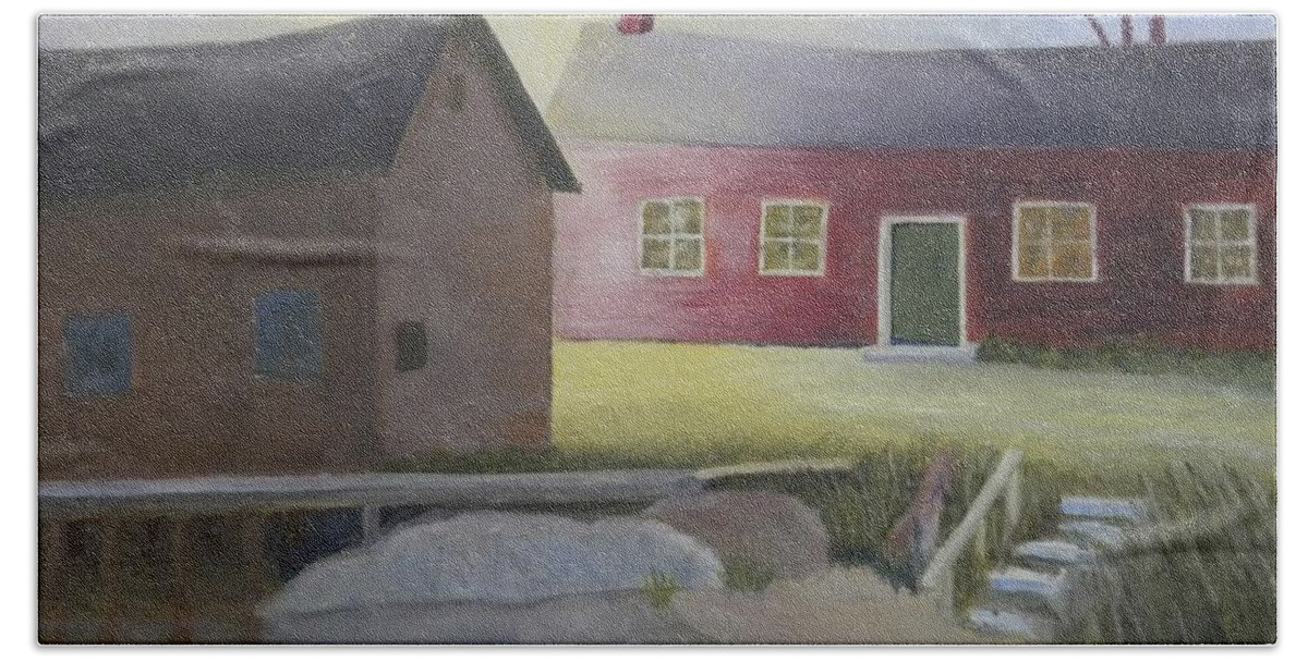 Landscape Water Barn Workshop Rocks Shoreline Bright Sun Dock Bath Towel featuring the painting Early Morning Sun At The Shop by Scott W White