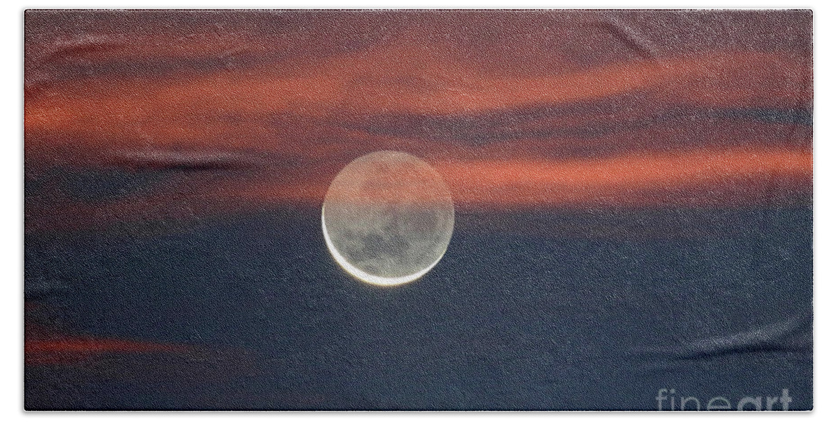 New Moon Hand Towel featuring the photograph Earthshine at Sunset by James Brunker