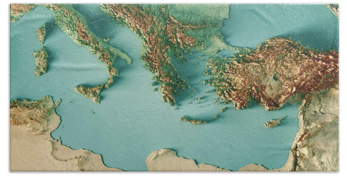 Mediterranean Sea Hand Towel featuring the digital art East Mediterranean Sea 3D Render Topographic Map Color by Frank Ramspott