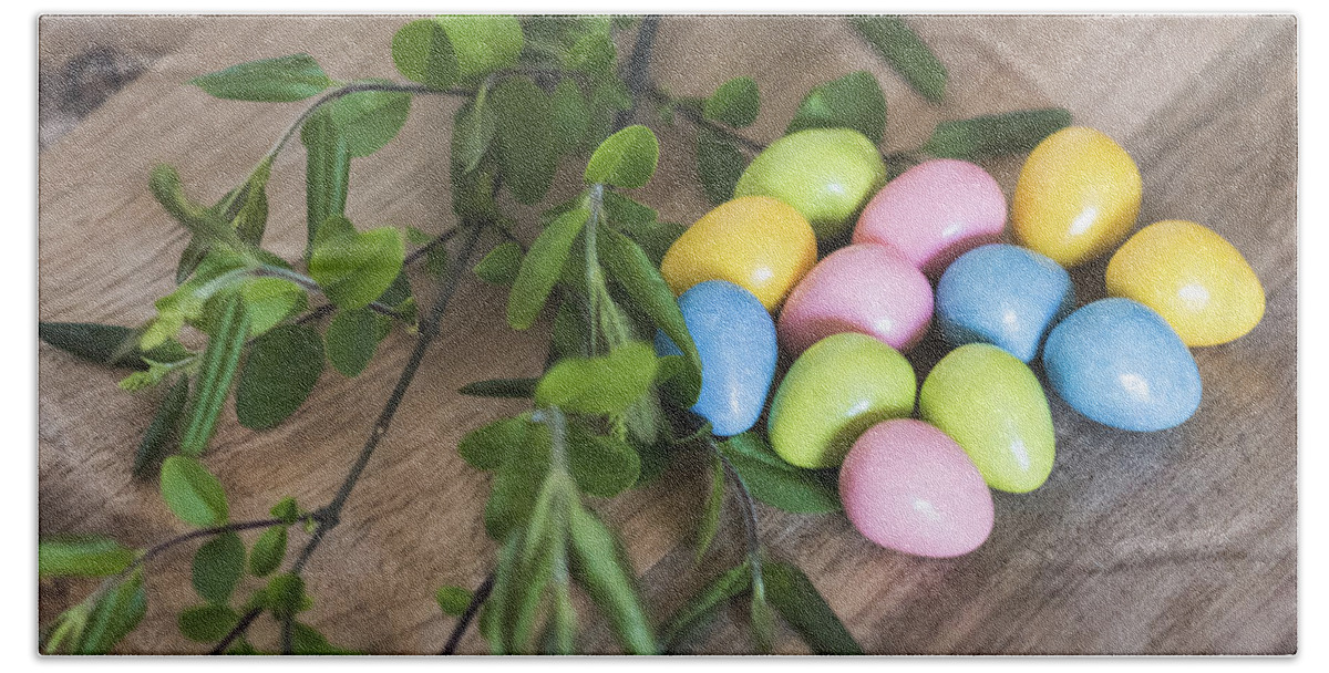 Candies Bath Towel featuring the photograph Easter Eggs 20 by Andrea Anderegg