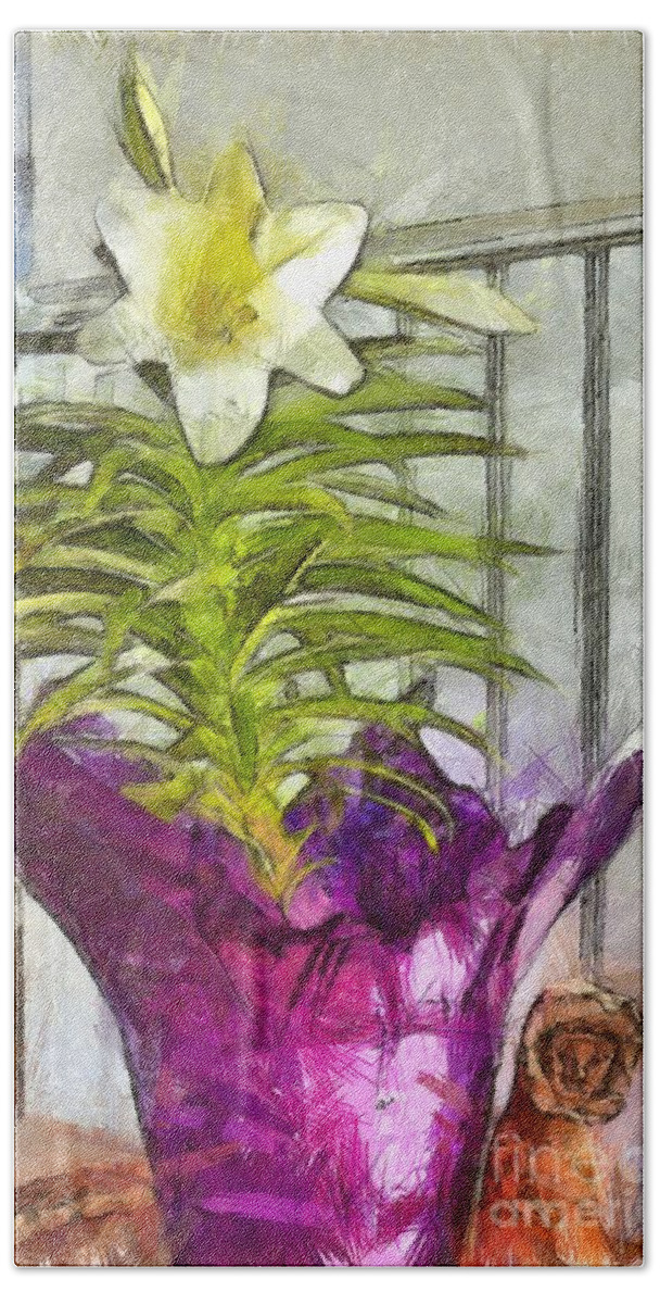 Lily Hand Towel featuring the mixed media Easter Lily and Doll by Claire Bull