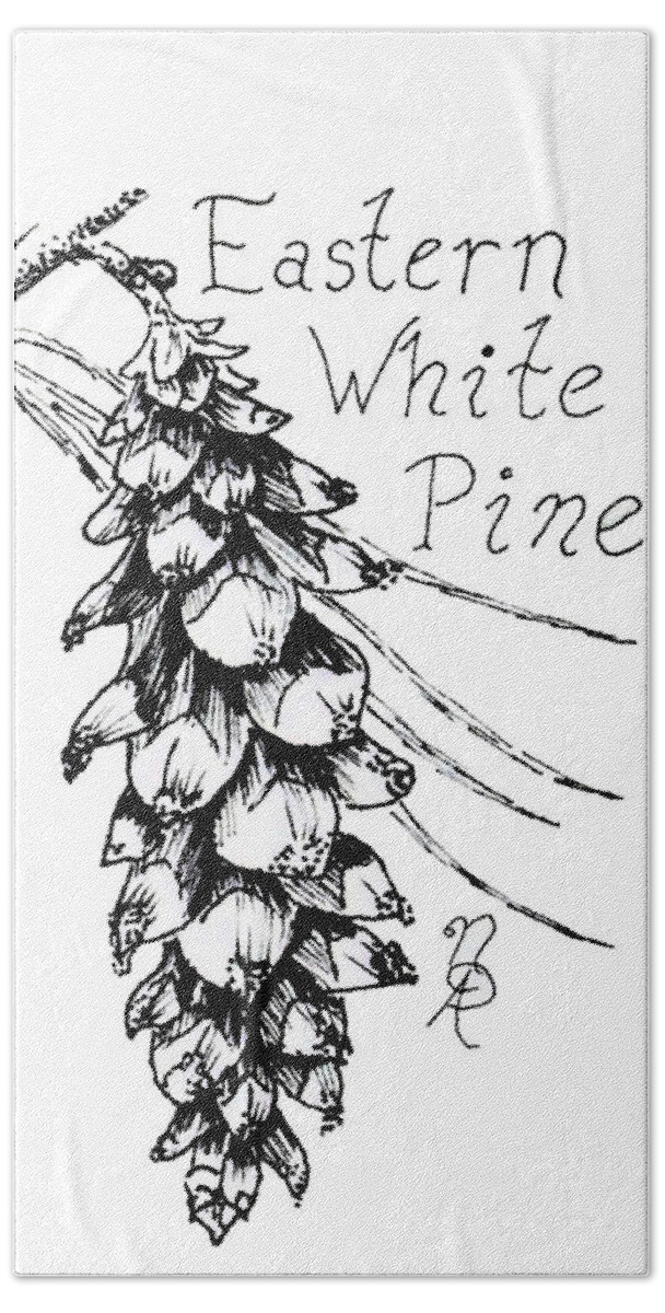Pine Hand Towel featuring the drawing Eastern White Pine cone on a branch by Nicole Angell