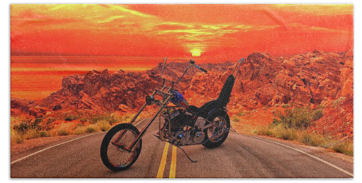 Easy Rider Chopper # Easy Rider # Chopper #sunset # Motorcycle #colorful #chopper # Render # Custom Chopper # Motorcycle Art # Usa # Reflections #florida #harley-davidson #american #c4d 3d Model #3d Rendering #photorealistic #custom Motorcycle #bobber #visualization # Easy Rider #chopper Hand Towel featuring the photograph Easy rider chopper by Louis Ferreira