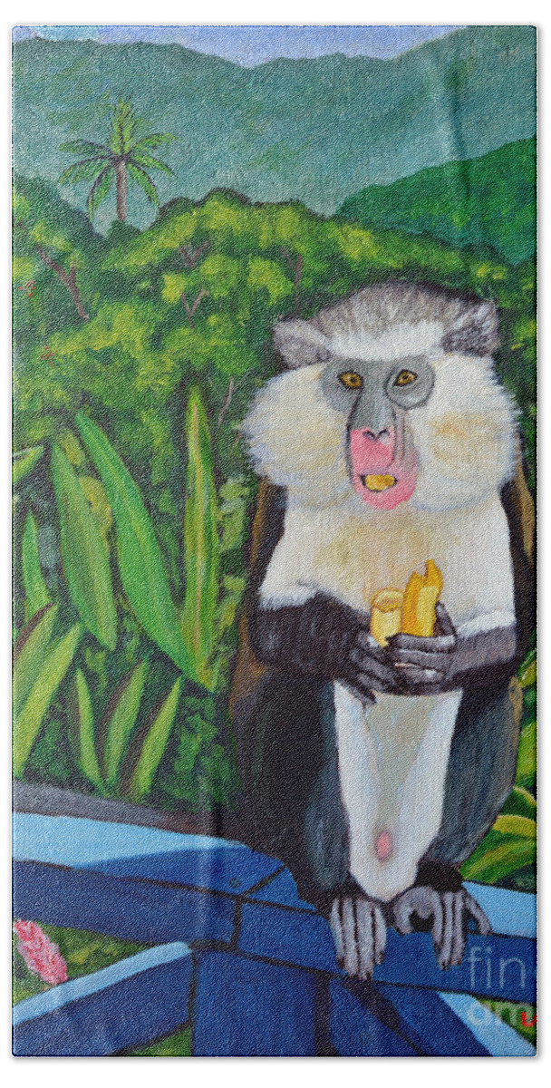 Mona Monkey Hand Towel featuring the painting Eating a banana by Laura Forde