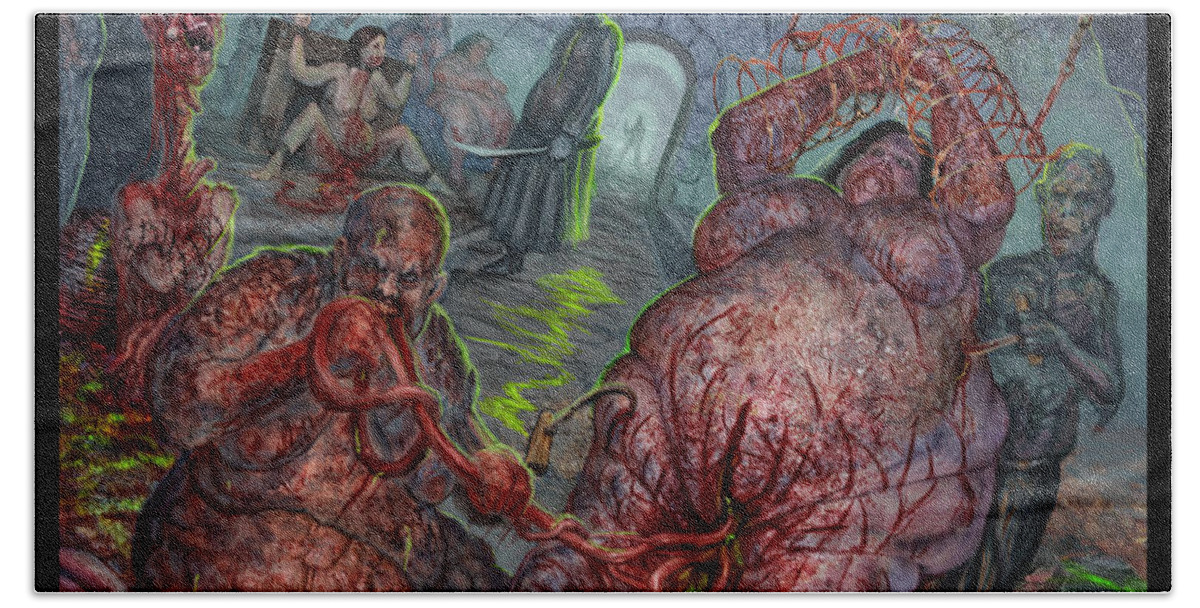 Epicardiectomy Bath Towel featuring the mixed media Eating The Stench by Tony Koehl