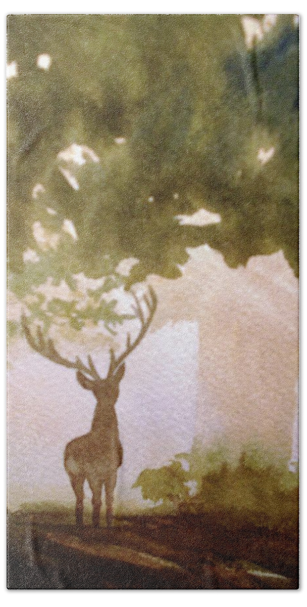 Stag Bath Towel featuring the painting Edge of the Forrest by Marilyn Jacobson