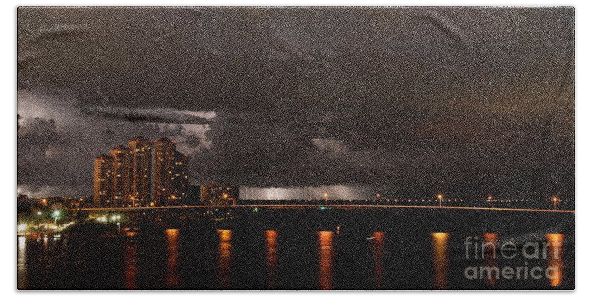 Lightning Bath Towel featuring the photograph Caloosahatchee Bridge Strikes by Quinn Sedam