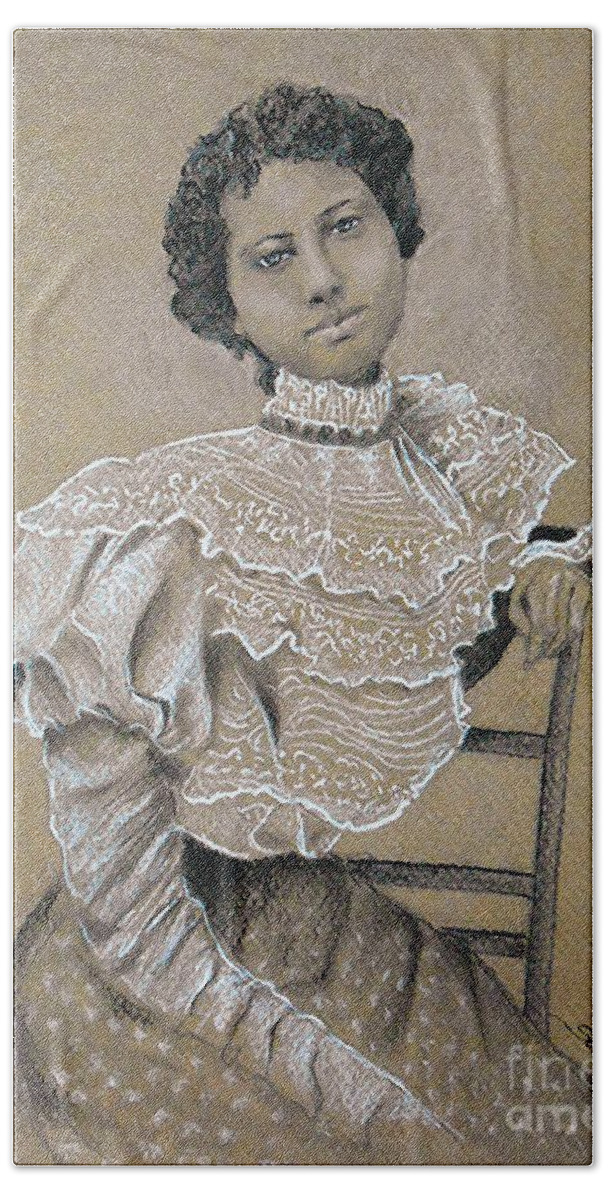 Edwardian Bath Towel featuring the drawing Edwardian Ebony Elegance -- Portrait of Edwardian African-American Woman by Jayne Somogy