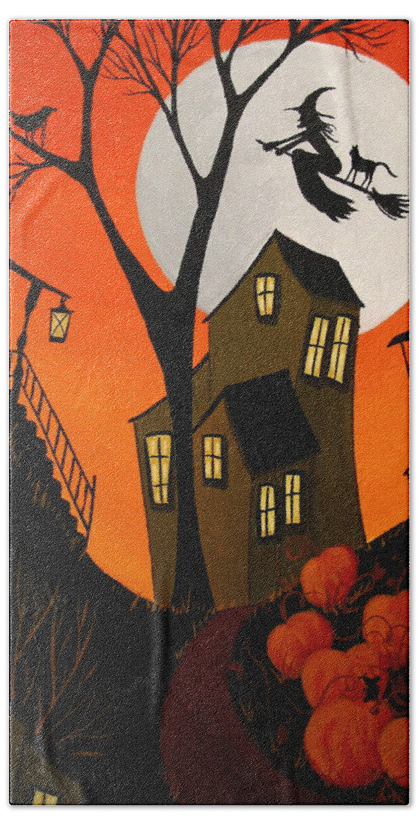 Art Bath Towel featuring the painting Eerie Evening - Halloween witch art by Debbie Criswell