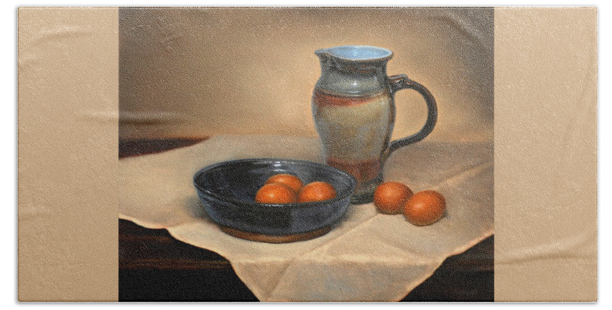 Oil Bath Towel featuring the painting Eggs and Pitcher by Linda Merchant