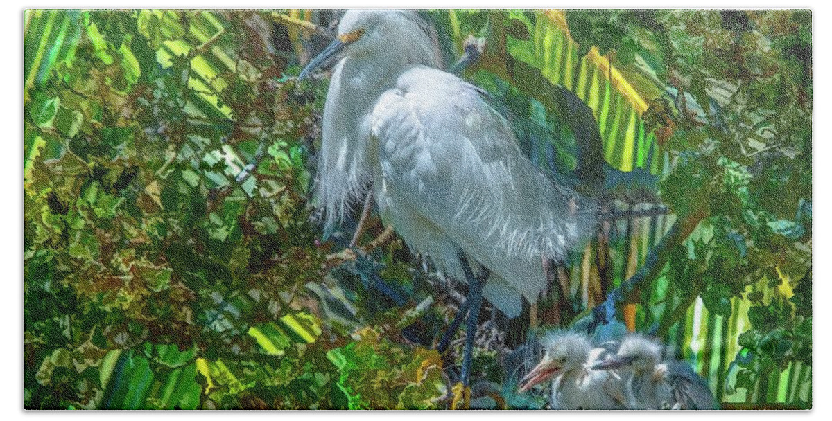 Egret Hand Towel featuring the photograph Egret and chicks by Patricia Dennis