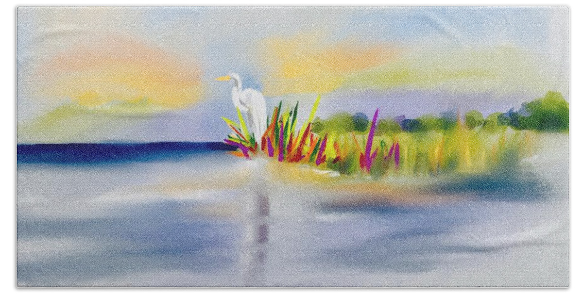 Ipad Painting Bath Towel featuring the digital art Egret Bliss by Frank Bright