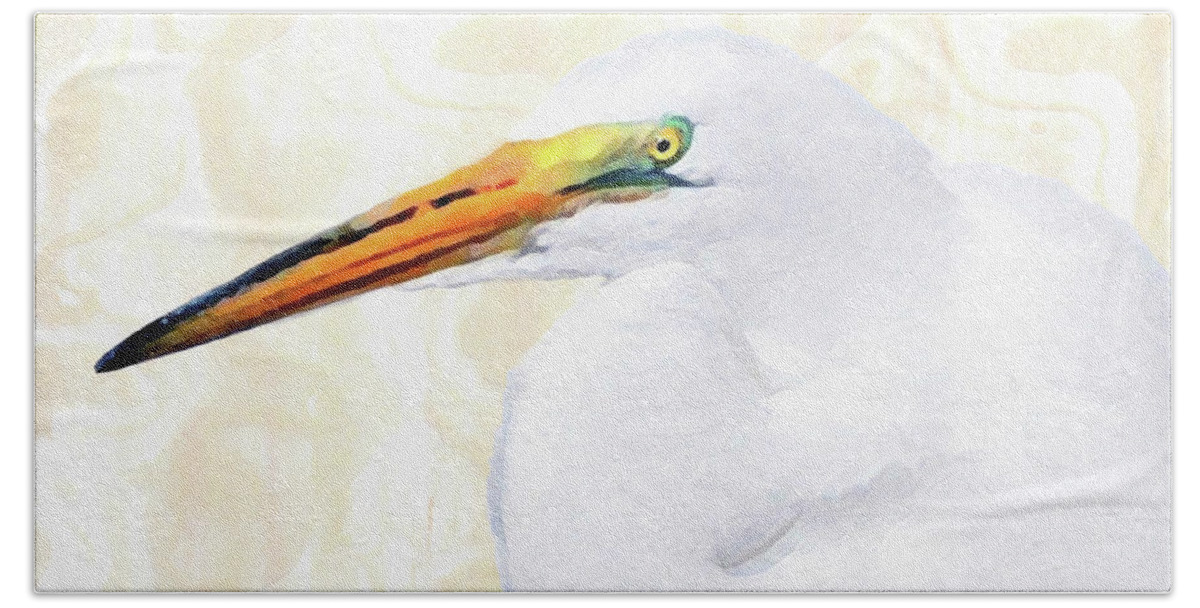 Egret Thoughts Bath Towel featuring the painting Egret Thoughts by DiDesigns Graphics