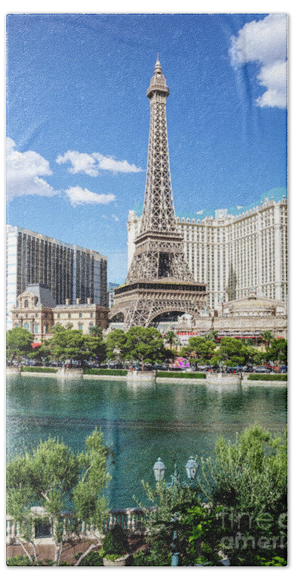 Paris Casino Hand Towel featuring the photograph Eiffel Tower Paris Casino in Front of the Bellagio Fountains by Aloha Art