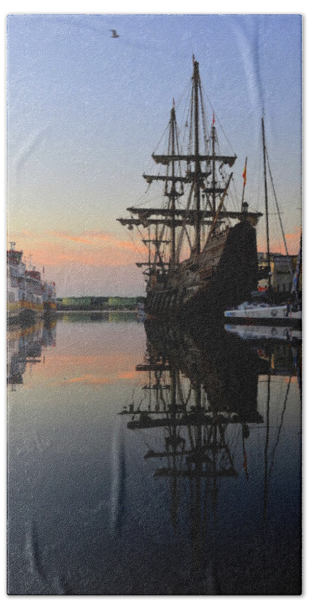 El Galeon Hand Towel featuring the photograph Reflections of El Galeon by Colleen Phaedra