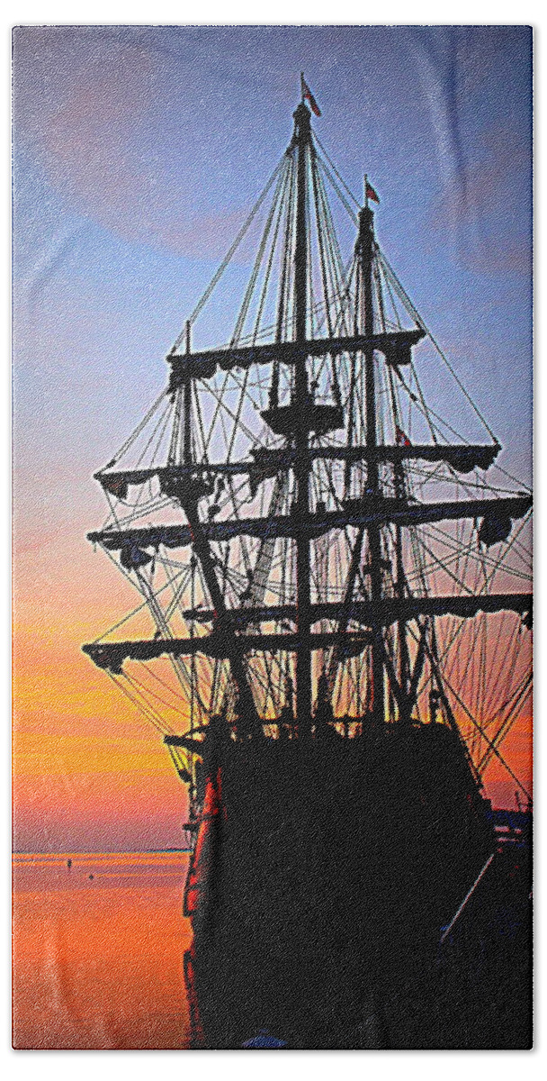El Galeon At Sunrise Hand Towel featuring the photograph El Galeon at Sunrise by Suzanne DeGeorge