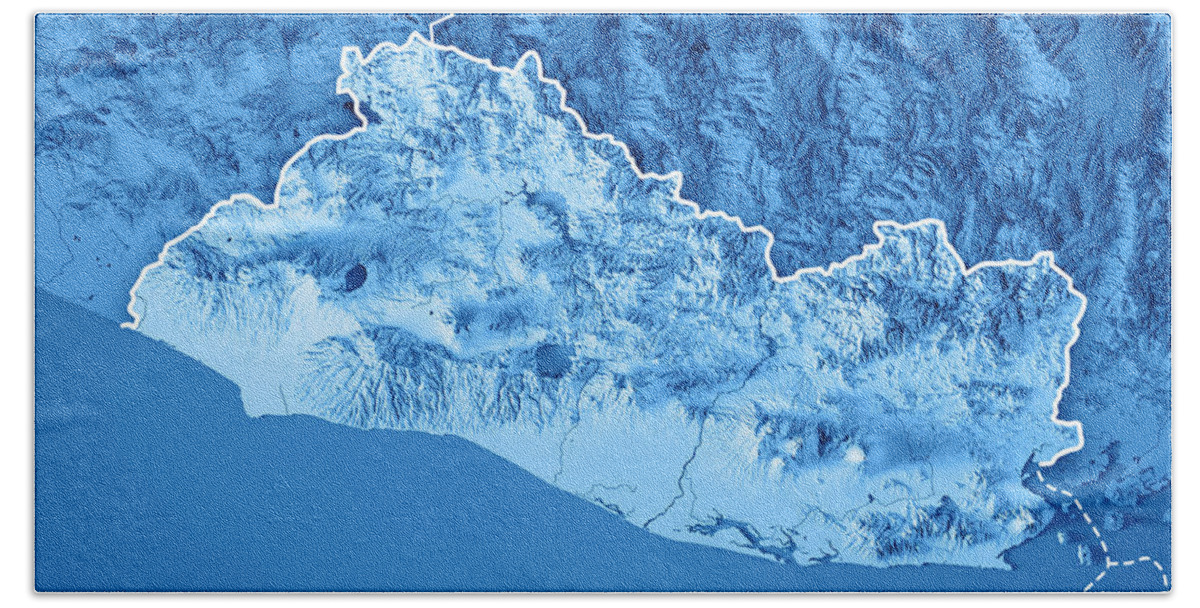 El Salvador Hand Towel featuring the digital art El Salvador 3D Render Topographic Map Blue Border by Frank Ramspott