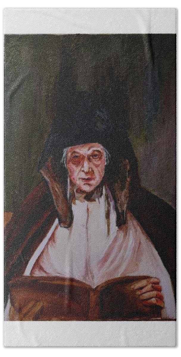Old Lady Bath Towel featuring the painting Elderly lady reading a book by Asha Sudhaker Shenoy
