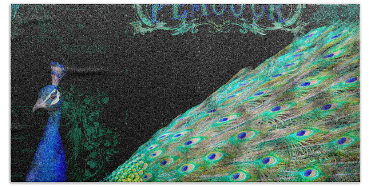Regal Bath Towel featuring the mixed media Elegant Peacock w Vintage Scrolls Typography 4 by Audrey Jeanne Roberts