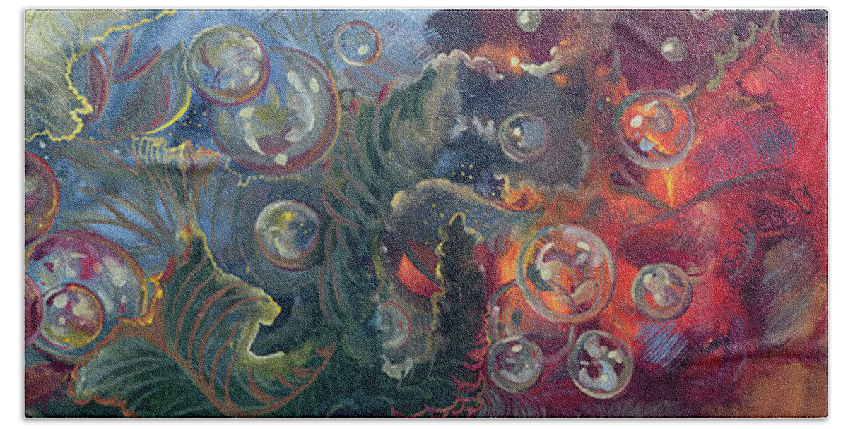 Elemental Bubbles Hand Towel featuring the painting Elemental Bubbles by Sheri Jo Posselt