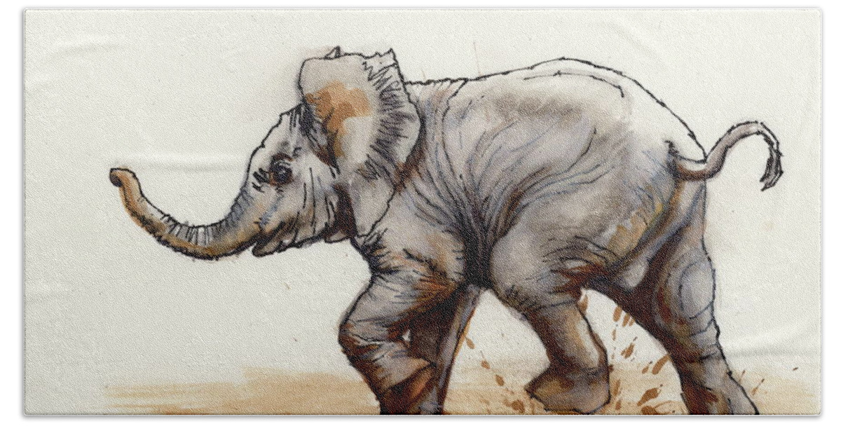 Elephant Hand Towel featuring the painting Elephant Baby At Play by Margaret Stockdale