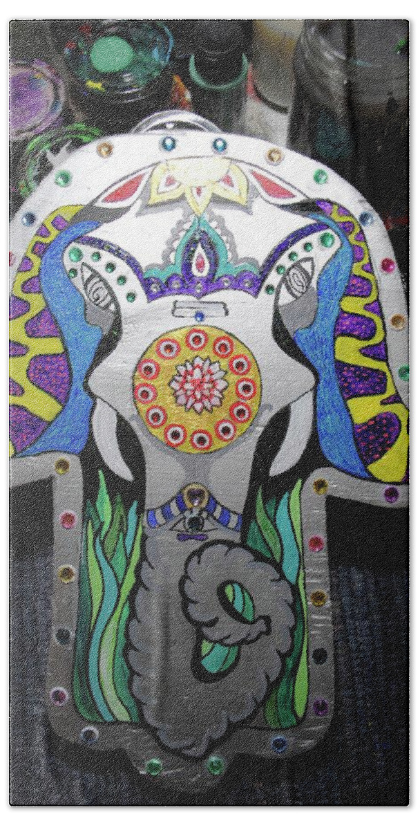  Bath Towel featuring the painting Elephant Hamsa by Patricia Arroyo