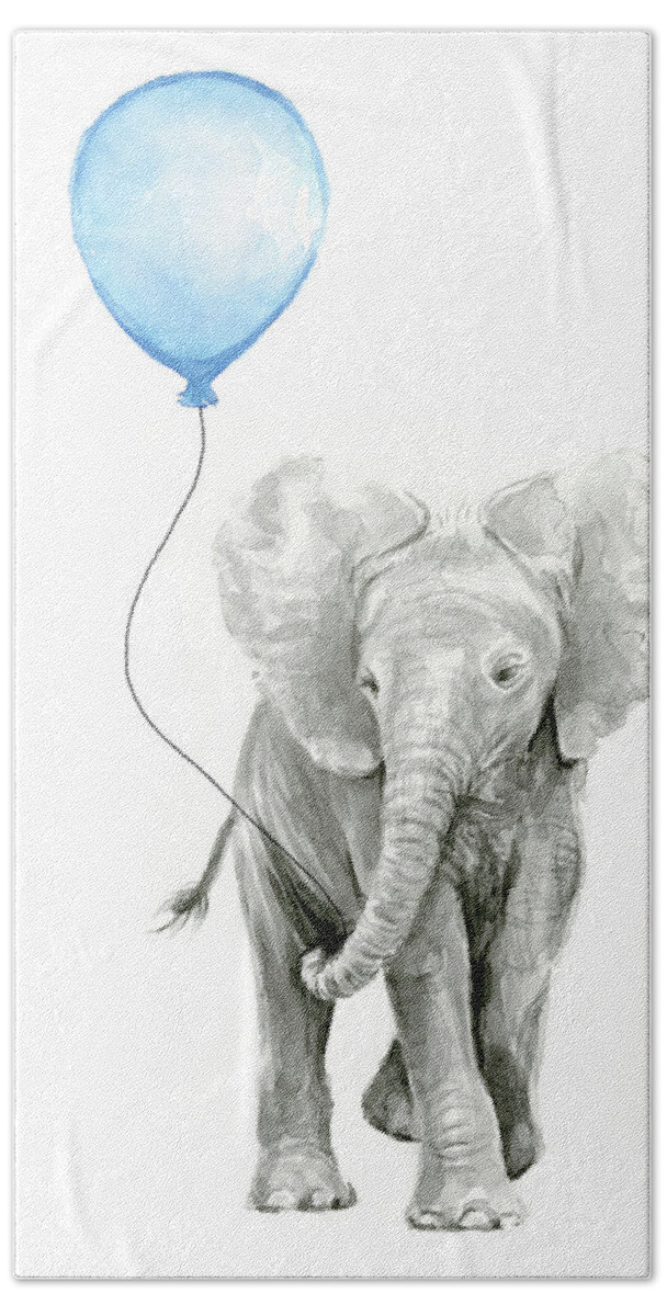 Elephant Hand Towel featuring the painting Elephant Watercolor Blue Nursery Art by Olga Shvartsur