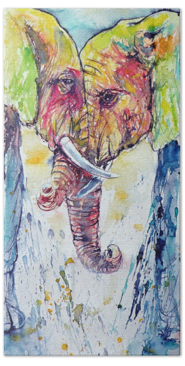Elephant Bath Towel featuring the painting Elephants in love by Kovacs Anna Brigitta