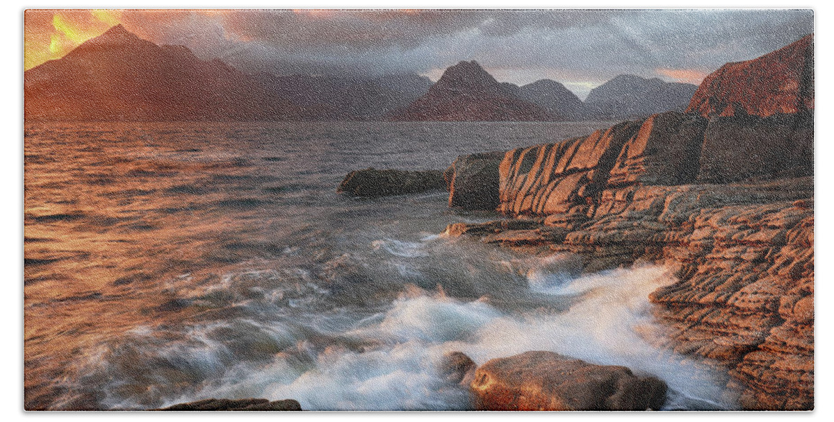 Elgol Hand Towel featuring the photograph Elgol Stormy Sunset by Grant Glendinning
