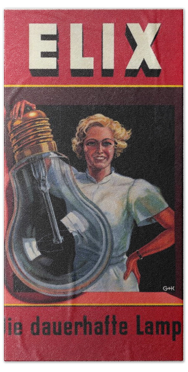 Elix Hand Towel featuring the mixed media Elix - Die Dauerhafte Lampe - Vintage Advertising Poster by Studio Grafiikka