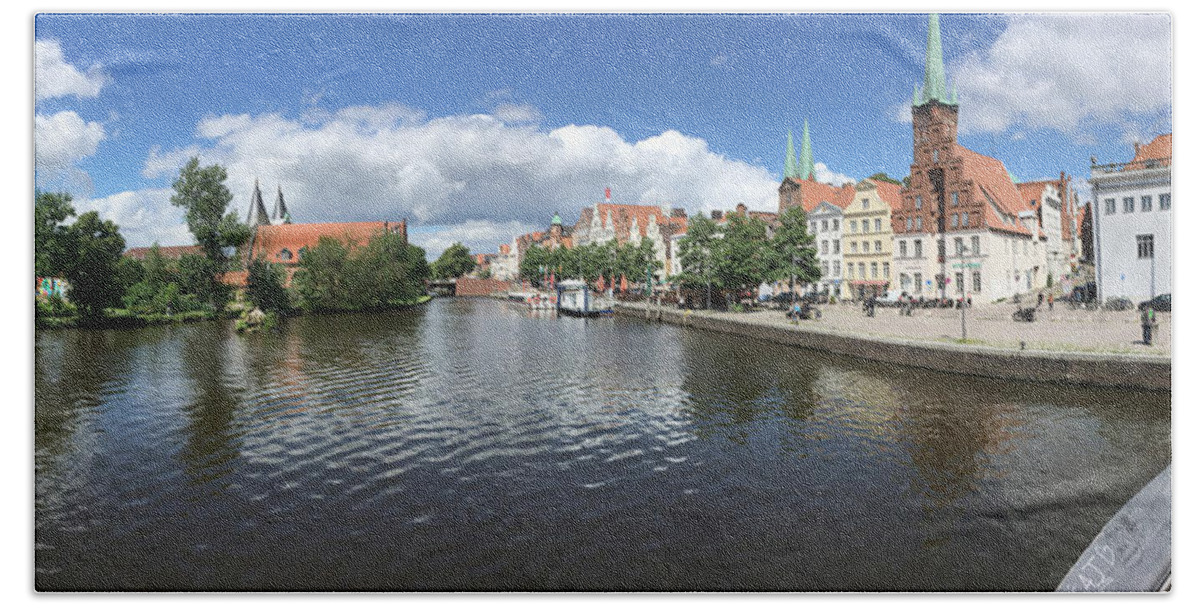 Embankment Of Trave In Luebeck By Marina Usmanskaya Hand Towel featuring the photograph Embankment of Trave in Luebeck by Marina Usmanskaya
