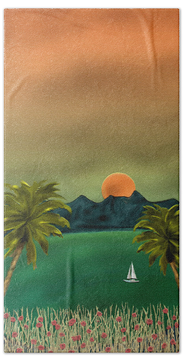 Tropical Island Ocean Sea Seascape Palms Sunset Sailing Sailboat Nature Gordon Beck Art Bath Towel featuring the painting Emerald Bay by Gordon Beck
