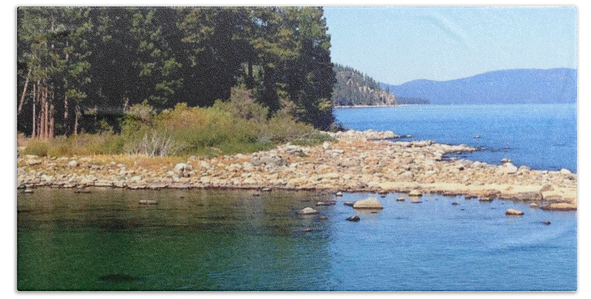 Lake Tahoe Bath Towel featuring the painting Emerald Bay Tahoe by Laurie Morgan
