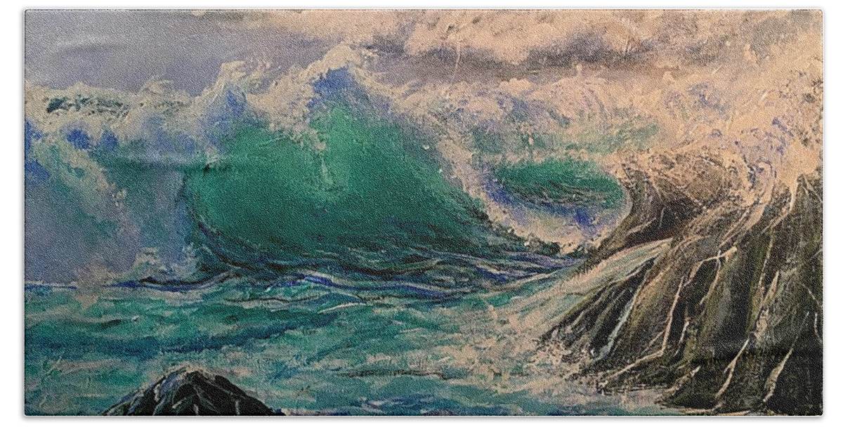 Sea Cliffs Bath Towel featuring the painting Emerald Sea by Esperanza Creeger