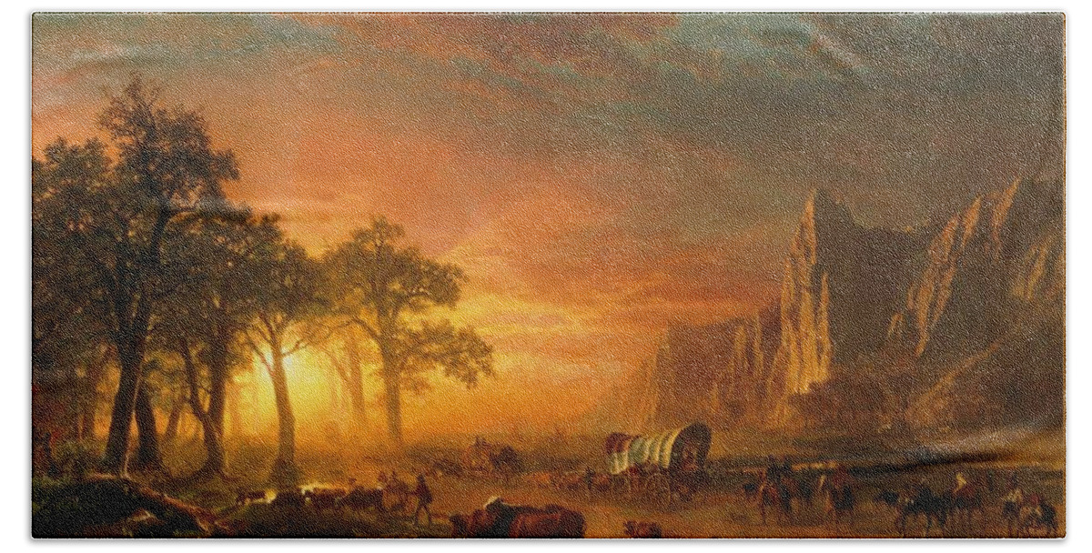 Bierstadt Bath Towel featuring the painting Emigrants Crossing the Plains - 1867 by Eric Glaser